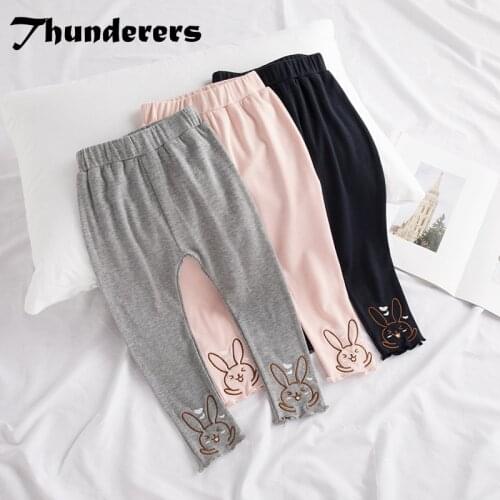 Thunderers Spring Autumn Kids Girl Pants Colorful Embroidery Rabbit Girl Long Trousers Cute Cotton Children Costume 24M-6T