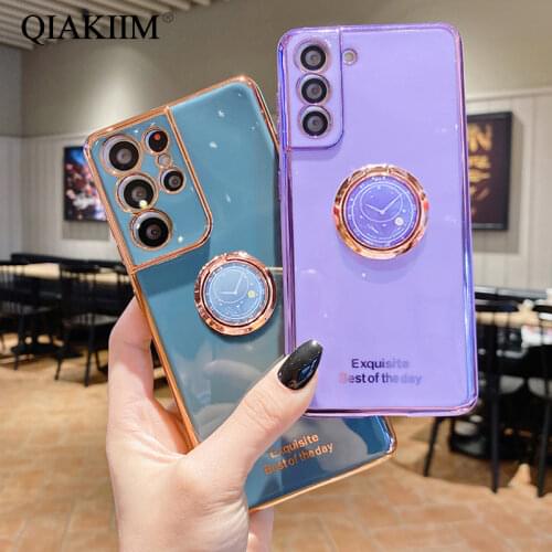 Case For Samsung Galaxy S21 Ultra S20 FE Note 20 10 9 A72 A52 A32 A71 A51 S10 Plated Soft Finger Ring Bracket Holder Phone Cover