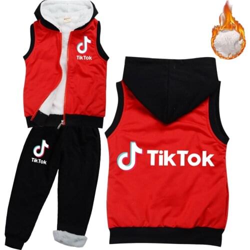 TIK TOK Childrens Clothing Winter Suit Toddler Boy Girl Fashion Fleece Thick Warm Set Vest Hooded Tops Pants