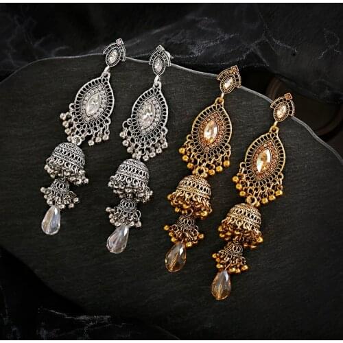 Ethnic Womens Gold Color Jhumka Indian Earrings Vintage Rhinestone Exaggerated Lantern Tassel Palace Earring Orecchini