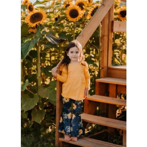 Girlymax baby girls cotton navy floral mustard floral bell-bottoms pants set outfits children clothes ruffles boutique kidswear