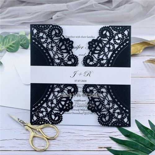 Graceful black and white laser cut floral wedding invitations, personalized invite with envelope