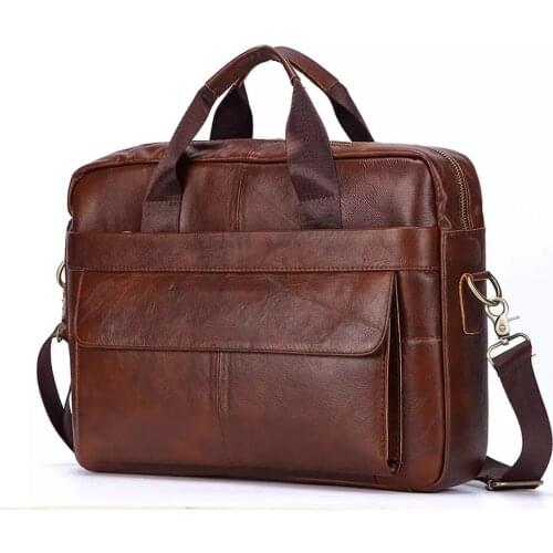 Classic Mens Leather Laptop Handbag 14/15 Inch Business Casual Large Volume Notebook Bag Mens Slant Shoulder Retro Briefcase