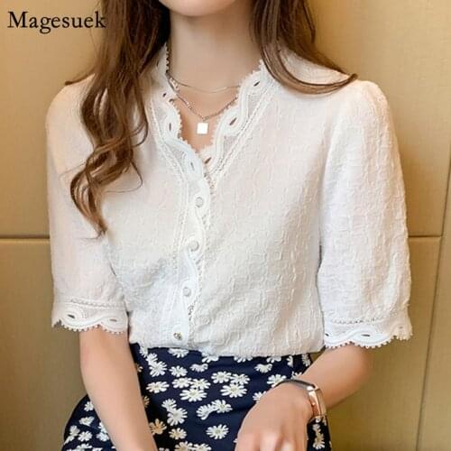 Koeran Chic Vintage Button Lace Womens Shirts Tops Summer Puff Short Sleeve White Shirt V-Neck Slim Chiffon Blouse Blusas 10051