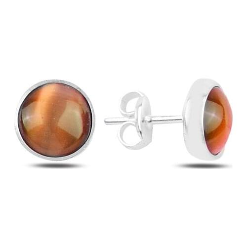 Silver 925 Sterling Round Orange Cat 'S Eye Earrings