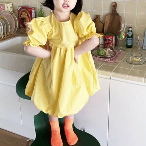 Summer Childrens Dress Simple Temperament Round Neck Band Mouth Bubble Sleeve Solid Color Fluffy Girls Skirt