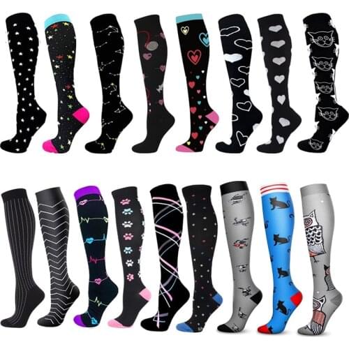 New Compression Socks Men Women Black Star Heart Shape Cat Owl Cartoon Socks Outdoor Running Long Tube Socks For Male Travel