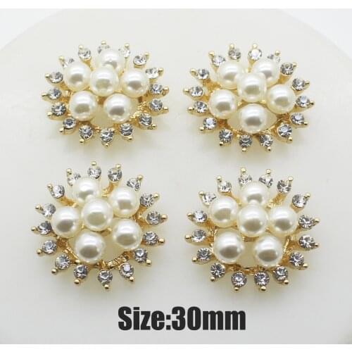 New 8Pcs Pin/Flat 30mm Crystal ivory faux Pearl Rhinestone button DIY Wedding Metal Hair Flower Center Scrapbooking Accessories
