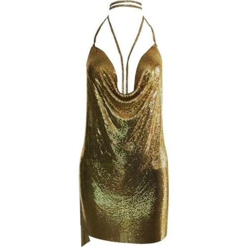 New arrival celebrity sexy dress sparkly halter backless metal dresses Kendall Jenners 21st Birthday Outfits 2018