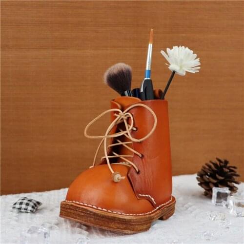 Vegetable Tanned Cowhide Shoes, Pen Holder, Leather Martin Boots, Desk Top Decoration Storage Box, Creative Birthday Gift