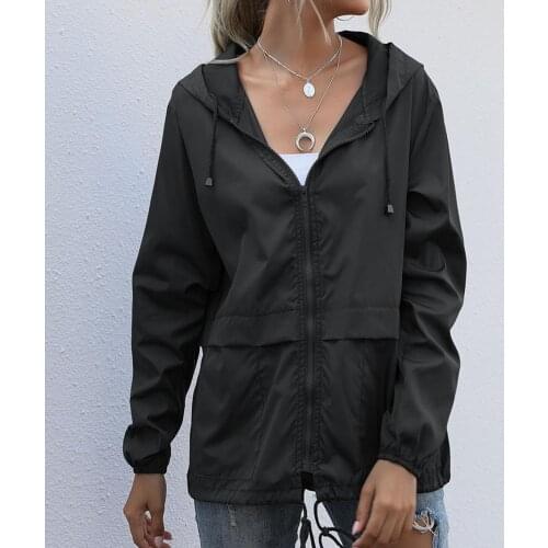 Solid Color Zipper Closure Hooded Jacket Thin Long Sleeve Windproof Women Drawstring Jackets Coat Female Clothing