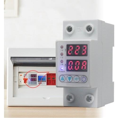 63A 40A 220V Din Rail Adjustable Over Voltage and Under Voltage Protective Device Protector AC Voltmeter Ammeter