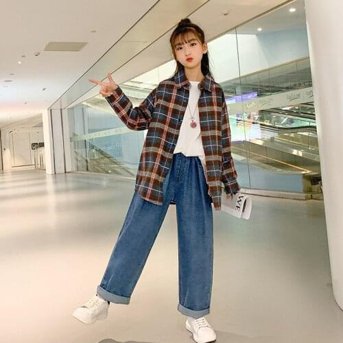 Teenage Girls Shirts 2021 New Kids Spring Autumn Childrens Clothing Plaid Shirts Girls Long Sleeve Cotton Tops 6 8 10 12 Years