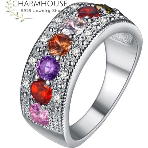 Silver 925 Rings For Women Wedding Band 8mm Crystal Finger Ring Bague Femme Anillo Anel Bridal Engagement Rhinestone Jewelry