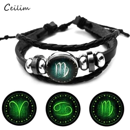 12 Constellation Zodiac Luminous Bracelets Birthday Gift Adjustable Snap Button Charm Leather Bracelet Glow in the Dark Jewelry