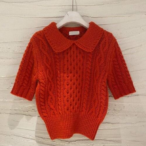 Half Sleeve Spring Autumn New Style Fashion Twist Pattern Lapel Korean Sweater Women Loose Pullover Casual Knit Crop Top y1287