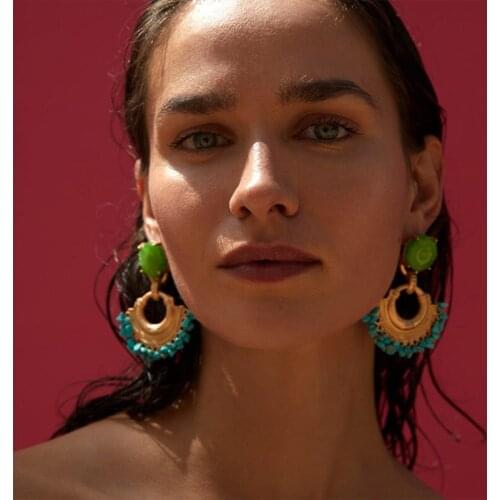 Fashion Handmade Bohemia Vintage Alloy Cyan Fan-shaped Dangle Drop Earrings For Green Stone Earrings Ethnic Party Jewelry