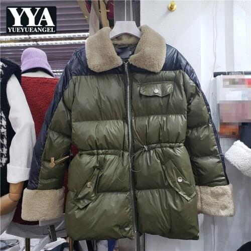2020 Winter Women New Mixed Color Lapel Cotton Jacket Pockets Drawstring Zipper Puffy Parkas Army Green Cuff Lambswool Outwear