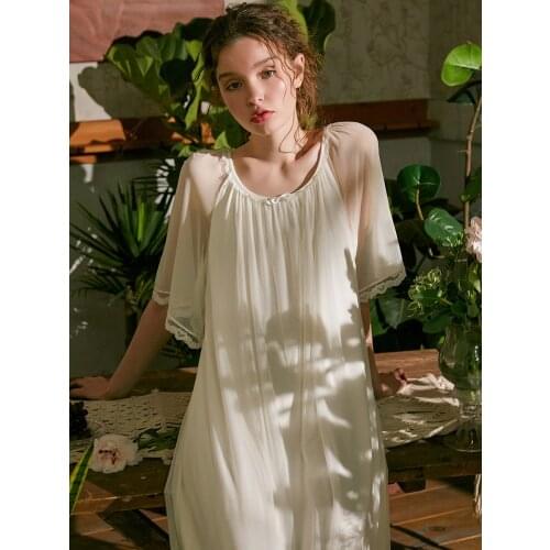 Summer White Modal Gauze Womens Vintage Long Nightgowns Short Sleeve Royal Female Princess Loose Sleepwear Plus Size