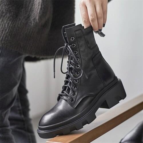 New Winter Women Boots 2020 Genuine Leather Ankle Black Boots girls Martens Boots Lace-up Waterproof Platform Women Martin Boots