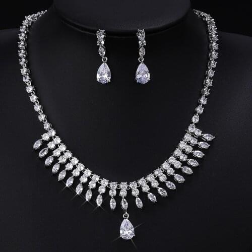 JUWANG Bridal Earrings Necklace Jewelry Sets for Women Bling Cubic Zircon Wedding Tennis Chain Statement Bijoux Jewelry Gift