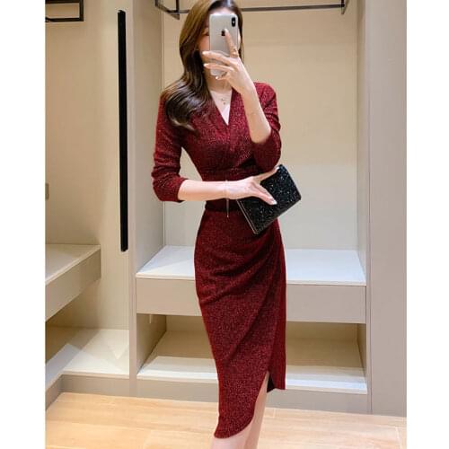 Women 2021 Spring Autumn Long Sleeve V-neck Bodycon Dress Office Lady Elegant Pencil Dresses Female Casual Slim Vestidos Z325