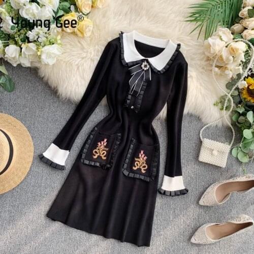 Young Gee Women Elegant Sweater Dress Autumn Winter Black Long Sleeve Ruffles Stretch Pearls Bowtie Brooch Dresses Plus Size