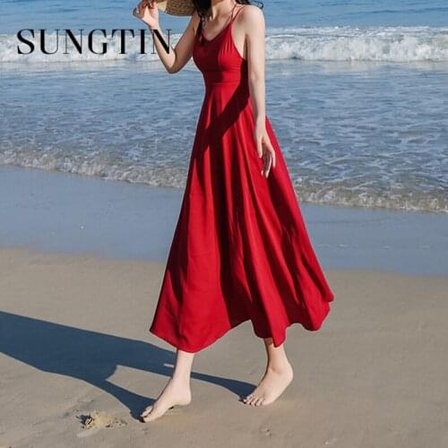Sungtin Sexy Red Backless Spaghetti Strap Dress for Women Party Solid V Neck A Line Dress Summer Sleeveless Vestido Beach Style