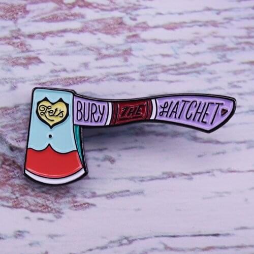 Lilac axe badge Lets bury the hatchet Halloween murder pin break the ice gift