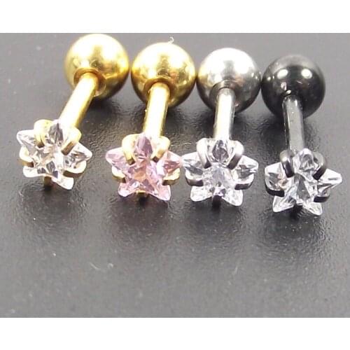2 Pieces Gold Stainless Steel Tragus Earring Star Cubic Zircon Stone Round Helix Earrings Crystal Barbell Body Piercing Jewelry