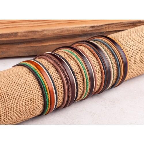 Wholesale Lot 5PCS Surfer Mens Womens Multilayer Friendship Hemp Leather Bracelet Wristband Cuff Adjustable Unisex