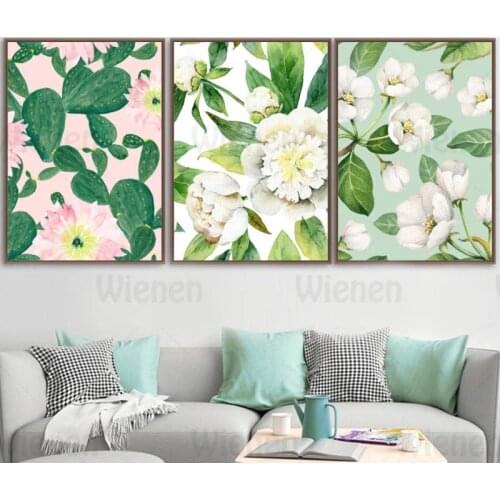 Watercolor Painting Abstract Cactus Flower Peony Cherry Flower Nordic Posters Wall Art Canvas Painting Living Room Decoration