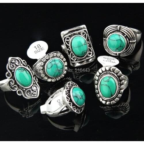 Freeshipping 2014 New Arrival Vintage 5pcs Green Turquoise Stones Antique Silver Women Mens Rings Wholesale Jewelry Lots A-143