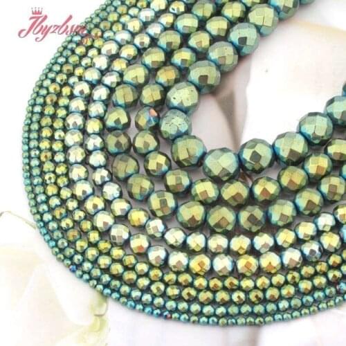 Natural Green Hematite Faceted Round Beads Loose 2/3/4/6/8/10MM Stone Beads For DIY Necklace Bracelet Jewelry Making Strand 15"