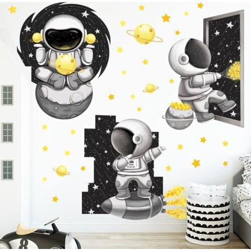 Black Space Gold Stars Cartoon Astronaut Planet Wall Stickers for Kids Room Boy Room Baby Nursery Decals Home Decoration PVC