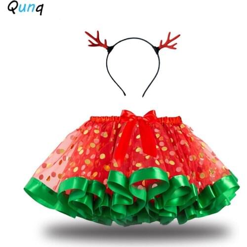 Qunq Christmas Girls Skirts with Elk Horn Hairpin Bow Mesh Kids Tutu Skirt for Perform Costume Sparkle Dot Children Clothing