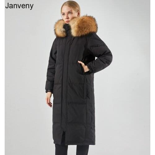 Janveny 2021 Winter Real Raccoon Fox Fur Hooded Puffer Feather Down Coat Luxury Women X-long 90% Duck Down Jacket Female Parkas