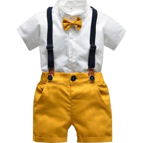 Cartoon Pattern Print Set Infant Baby Boys Gentleman Bow Tie T-shirt Tops+solid Shorts Overalls Outfits Toddler Boy Clothes Ropa
