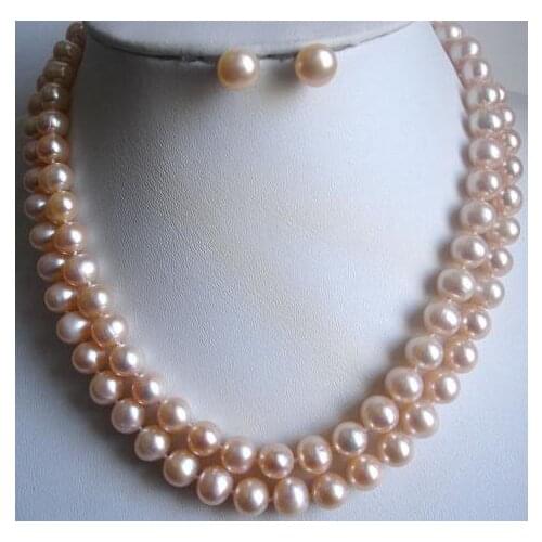 Perfect Pearl Jewelry Set Double Rows AA 8-9MM Natural Pink Color Freshwater Pearl Necklace Earrings Wedding Party Gift Jewelry