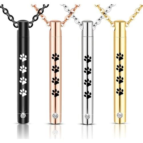 Paw Print of Pet Carved Fashion Crystal Bar Cremation Jewelry Ashes Holder Stainless Steel Pet Memorial Urn Necklace For Ashes