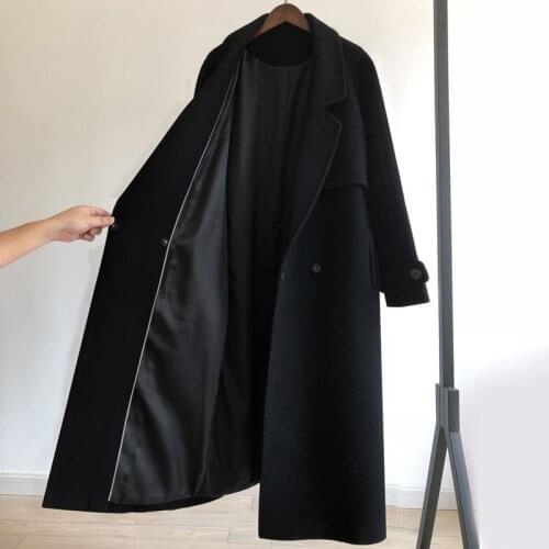 Autumn Winter 2021 Black Woolen Coat Womens Fashion Solid Elegant Wool Blend Coat Loose Belt Office Lady Long Trench Coats Q142