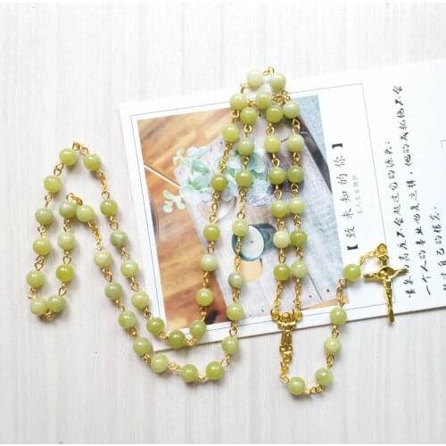 QIGO Gold Jesus Cross Rosary Long Stone Beads Strand Necklace Religious Jewelry