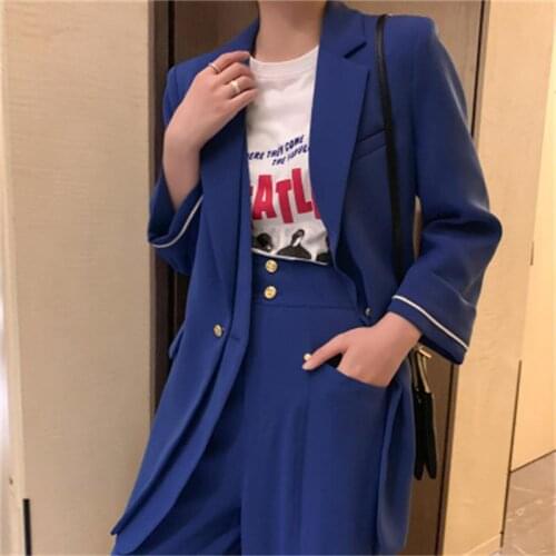 Fashion suit suit female spring summer New High-end casual Blue loose suit jacket + wide leg pants two-piece suit women
