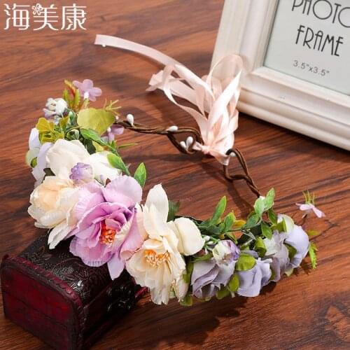 Haimeikang Women Wedding Flower Crown Wreath Bohemia Handmade Floral Garlands Flower Headband Hair Accessories Bride Headdress