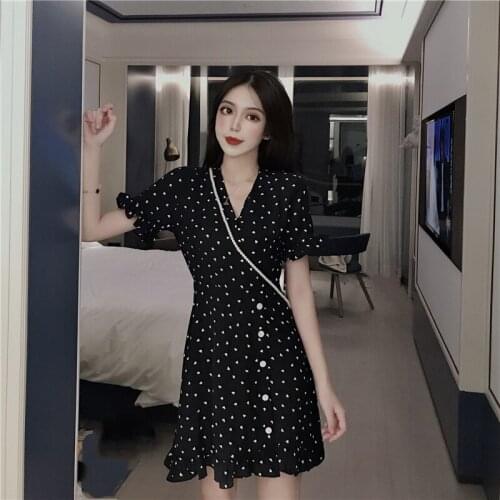 V-neck Wave Short-sleeved Dress Female Korean Kawaii Vintage Cute Womens Dresses Japanese Harajuku Ulzzang Clothing For Women