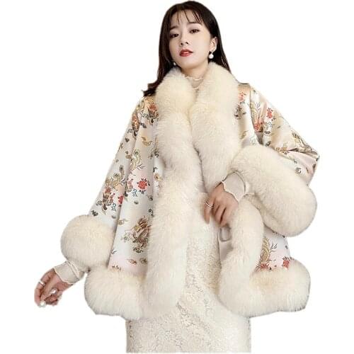 2020 Fashion Winter Fur Coat Women Faux Fox Fur Jacket Vintage Embroidery Beading Cloak Outerwear Satin Fabric Shawl Tops KW217