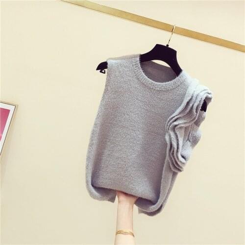 2021 Spring New Elegant Ruffle Round Neck Sleeveless Knitted Vest Sweater Womens All-Match Mink Fur Sleeveless Knitwear