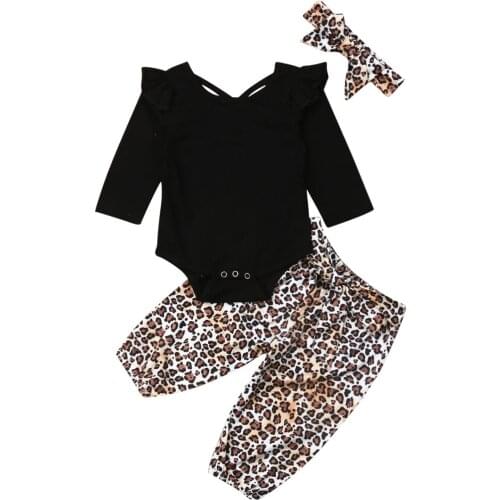 New Cute Toddler 3Pcs Baby Kids Girls Clothes Set Solid Bodysuit+Leopard Pants+Headband Outfitss Clothing Sets детская одежда