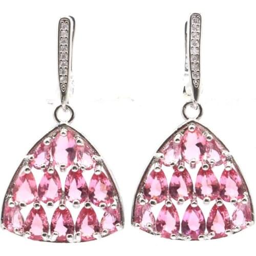 37x20mm Trangle Shape Created Pink Tourmaline CZ For Womans Silver Earrings Daily Wear Wholesale Drop Shipping