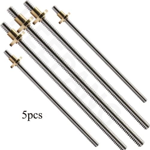 5pcs T8 Lead Screw OD 8mm Lead 2mm Pitch 2mm 100mm 200mm 300mm 400mm 500mm Lead Screw With Brass Nut Reprap 3D Printer Parts